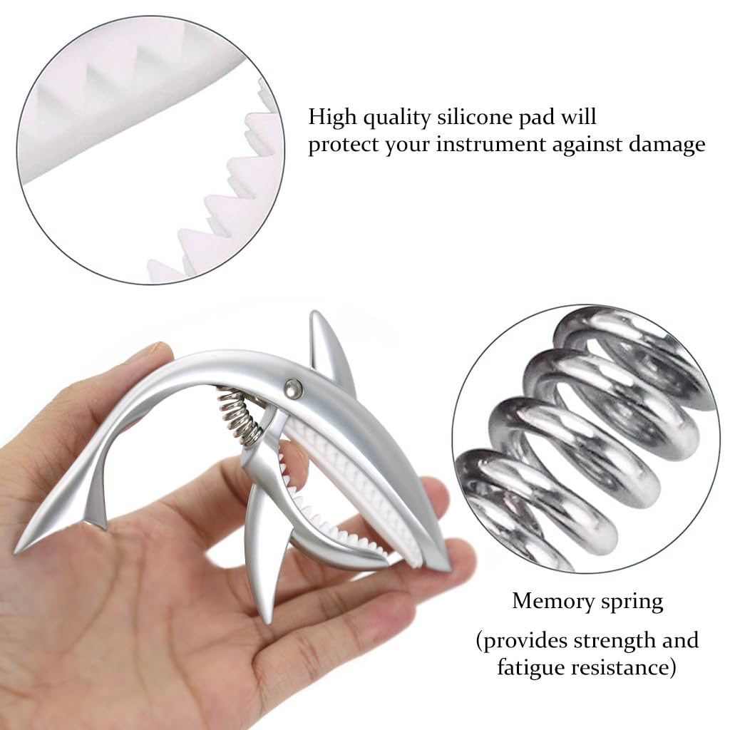 ZORBES Guitar Capo, Zinc Alloy Capo for Acoustic Guitar, Spring Loaded Capo for Electric Guitar Ukulele Creative Shark Guitar Capo, Silver ZORBES Guitar Capo, Zinc Alloy Capo for Acoustic Guitar, Spring Loaded Capo for Electric Guitar Ukulele Creative Shark Guitar Capo, Silver